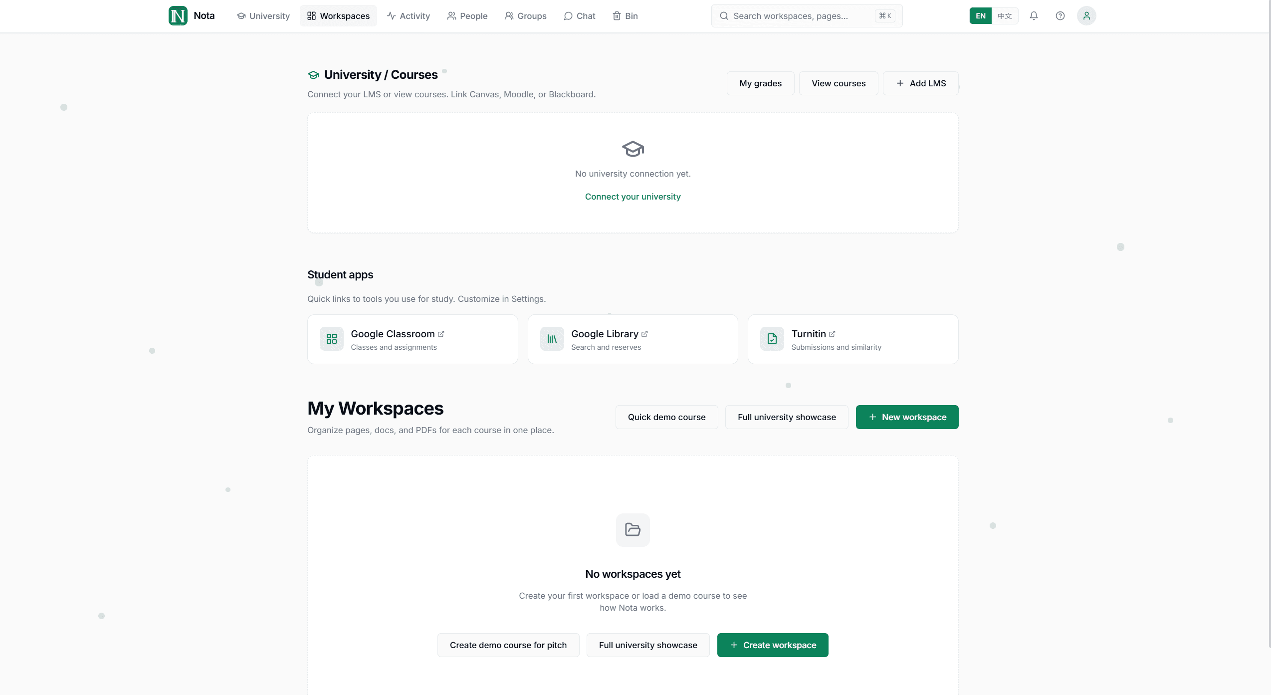 Nota dashboard with workspaces, courses, and student apps